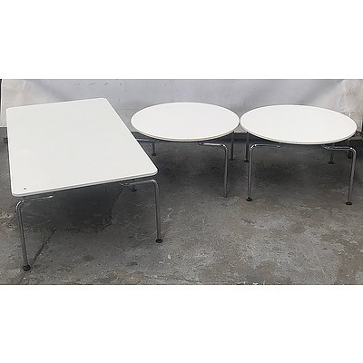 Set of 3 Modern Style White Plastic Tables, Matching Round Pair & Larger Rectangular With Steel Legs