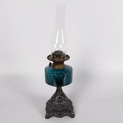 Table Oil Lamp with Green Glass Font, Duplex Burner and Decorative Cast Iron Base