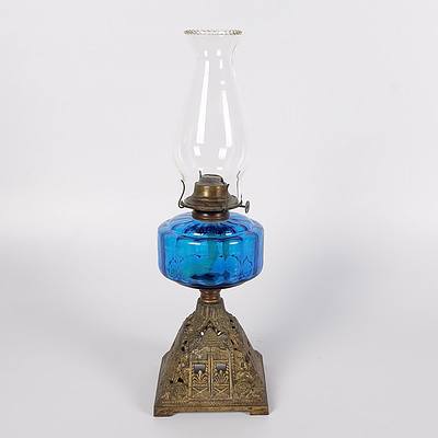Table Oil Lamp with Blue Glass Font and Decorative Cast Iron Base