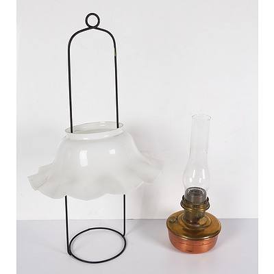 Aladdin Nu-Type Model B Copper Bodied Oil Lamp with Metal Hanger and Milk Glass Shade