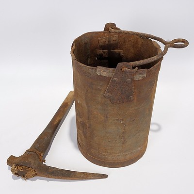 Miner's Steel Bucket with Handle, and Miner's Pickaxe