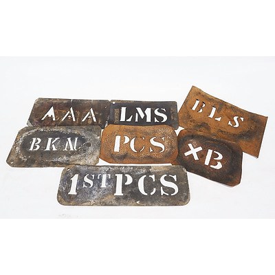 7 Wool Bale Stencils - IST PCS; BKN; PCS; XB (cut out of old Shell kerosene tin); AAA; LMS; BLS