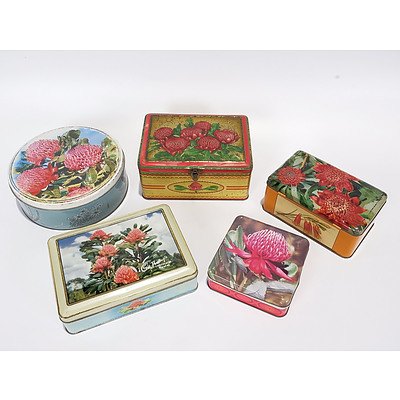 5 X Assorted Waratah Flower Themed Tins, Including Cadbury, Nestle, Brockhoffs and Gartrell White