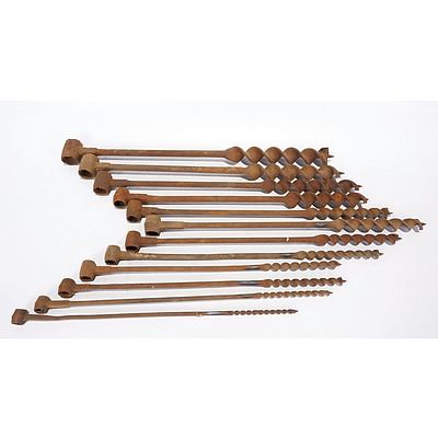 12 X Hand Wood Augur Bits For Farm Fencing and Shed Construction. Sizes 3/8, 1/2, 11/16, 3/4, 13/16, 1, 1 1/8, 1 1/4, 1 1/2, 1 5/8, 1 3/4, 2