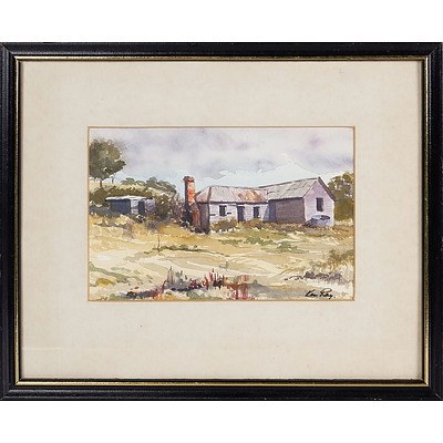  'Deserted Country Cottage, Buckland Tasmania' - Ken Ray. Watercolour Framed Behind Glass