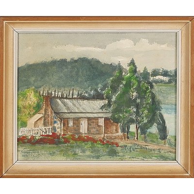  'The Shepherd's House' (Blundells Cottage), Canberra with Parliament House, Watercolour On Board