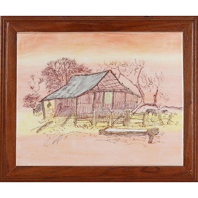  'Farm Barn and Stock Trough', Painted Ceramic Tile