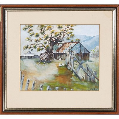  'Farm Shed with Cart and Chickens' - T Small 1962, Watercolour Framed Under Glass