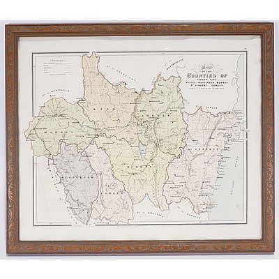 Map of The Counties of Harden, King, Argyle Etc C.1886 By John Sands (1818-73). Colour Lithograph Behind Glass in Pressed Wood Frame