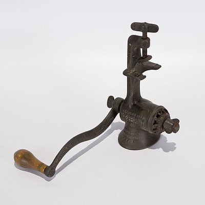 Cast Iron Mincer with Wooden Handle, 'L.F.& C. New Britain, Conn, USA No 2 Universal Food Chopper', Patented 1899