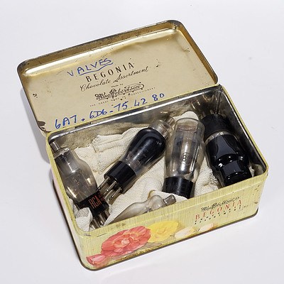 Five 1930s Radio Valves in Chocolate Tin. Valves are 6A7, 6D6, 75, 42 and 80