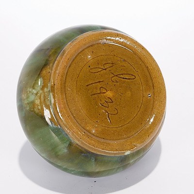 John Campbell, Tasmania. Posy Vase with Green Drip Glaze. Incised JC 1932