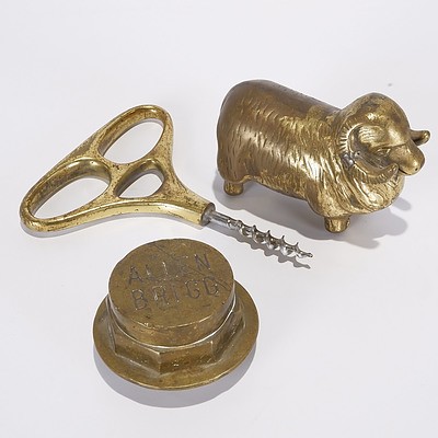 Large Brass Handled Corkscrew; Brass Ram; and Allen Brigg Brass Wagon Wheel Hub