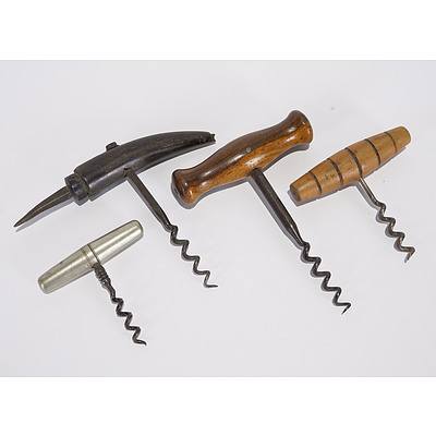 Two Wooden Corkscrews; One Bone Handled Corkscrew and Corkscrew which Folds into Metal Holder