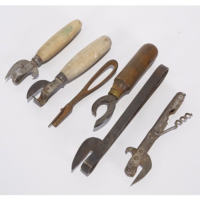Six Tin Openers, Comprising Three Wooden Handled and Three Metal Tin Openers