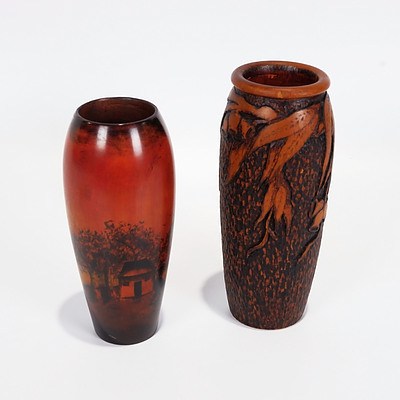 Two Pokerwork Vase/Spill Holders, One Gum Nuts and Leaves and One Rural Scene with House, Boats and Trees