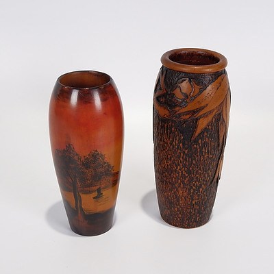 Two Pokerwork Vase/Spill Holders, One Gum Nuts and Leaves and One Rural Scene with House, Boats and Trees