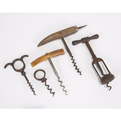 Five Corkscrews: Wooden Johnson with Spike; Bone-Handled; Cast Iron French Four Finger; Spring Assist Mechanism; and Steel One-Finger