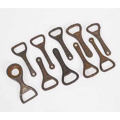 Ten Cast Iron Beer Advertising Bottle Openers, Including Kb Lager X 2; Fosters; Abbots; Crown Cork X 2; Lawrence; and Boags