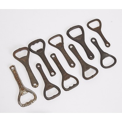 Ten Cast Iron Beer Advertising Bottle Openers, Including Tooths; Carlton; Fosters; Mackeson; Baby Bulldogs; Marvel; and Kb Lager
