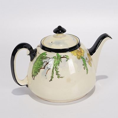 Rare Royal Doulton Kookaburra and Wattle Teapot with Black Handle and Trim, Pattern D4206 (C.1925)