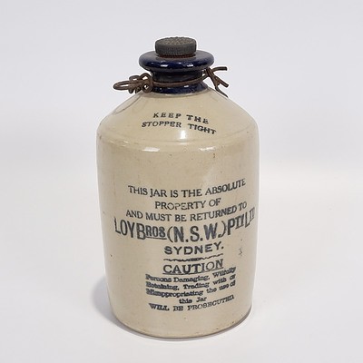 Loy Bros Brewed Ginger Beer Stoneware Demijohn, with Blue Rim and Stopper