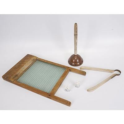 Glass Washboard, Simplex No 6 Copper Washing Posser with Wood Handle, Wooden Laundry Tongs and 2 Laundry Blue Bags