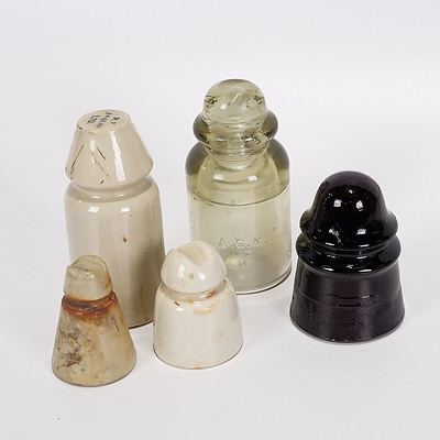 Five Telephone Pole Insulators, Two Glass and Three Porcelain