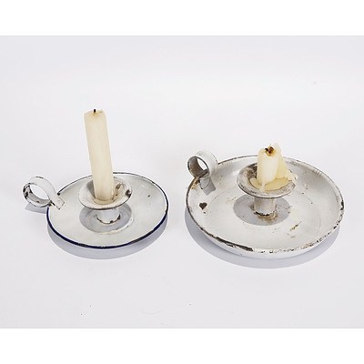 Two 'Wee Willy Winky' White Enamel Candle Holders
