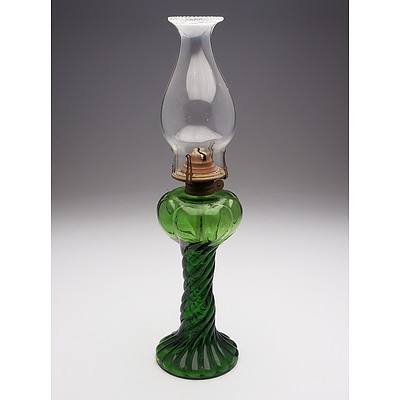 Green Pressed Depression Rope Glass Twist Pattern Table Oil Lamp (See Matching Lamp 74 with which It Makes a Pair)
