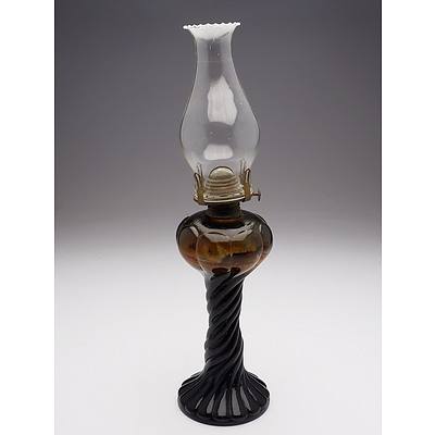 Amber Pressed Depression Glass Rope Twist Pattern Table Oil Lamp (See Matching Lamp 73 with which It Makes a Pair)