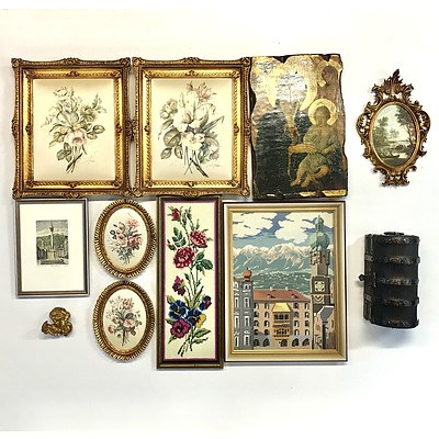 Various Giltwood Framed Floral Prints on Fabric, Giltwood Cherub, Long Stitch, Contemporary Religious Icon on Wood and More