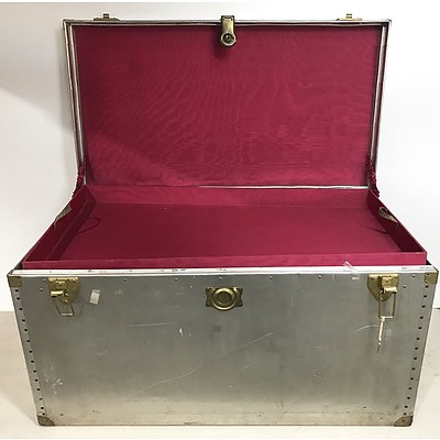 Vintage Sheet Metal Steamer Trunk with Pink Fabric Interior