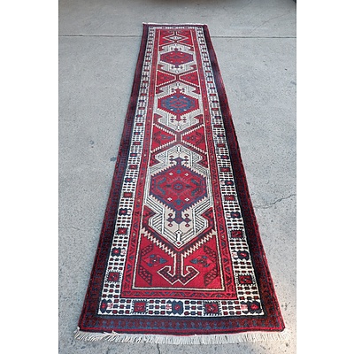 Classic Central Persian Hand Knotted Wool Pile Runner with Madder Red Field