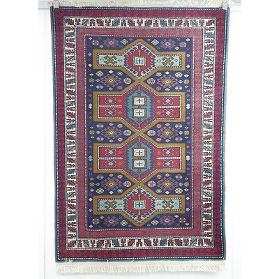 Persian Caucasian Hand Knotted Wool Pile Rug with Geometric Medallions and Floral Motifs on Royal Blue Field