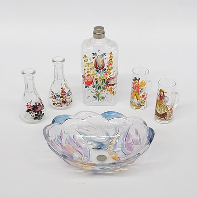 Hand Painted Glassware from Tyrol and Multi Coloured Glass Bowl Soga Japan