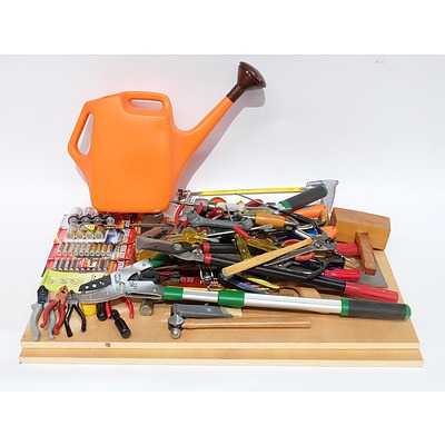 Large Amount of Tools also including Batteries, Watering Can, Two Wooden Boards and More