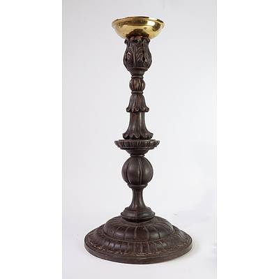 A European Style Carved Wood and Brass Candlestick