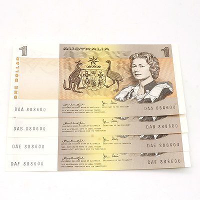 Four Australian Knight/ Stone $1 Notes, DAA 888600, DAB 888600, DAE 888600, DAF 888600