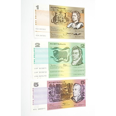 Six Australian Notes, Including Three Johnston/ Stone $2 LHP 223071 - LHP 223073, Two Johnston/ Stone $1 DLV 297093- DLV 297094 and Fraser/ Higgins $1 Note QDL 280211