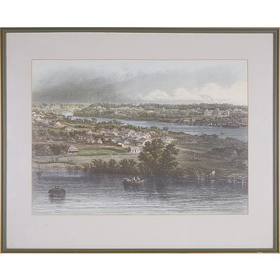 Antique Colour Engraving of Kangaroo Point, Brisbane From Bowen Terrace, J C Armytage