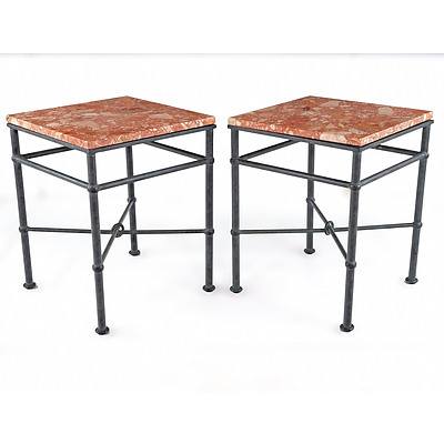 Pair of Patinated Iron and Pink Marble Side Tables, Late 20th Century