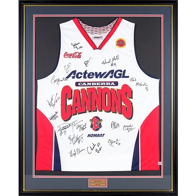 Framed Canberra Cannons 2001-2002 Team Singlet Signed by Cal Bruton, Brad Williams and Team - Donated by ACTEWAGL