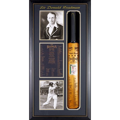 Outstanding Sir Donald Bradman Framed, Signed and Engraved Cricket Bat with All Innings, Stats Card and Photographs (Kindly Donated By John Howe)