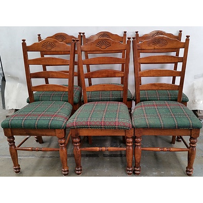 Stained Pine Ladderback Upholstered Dining Chairs - Lot of Six