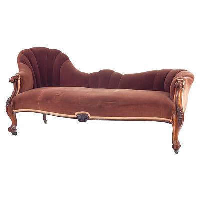 Victorian Spoon Back Chaise Lounge Circa 1880 with Brown Velvet Upholstery