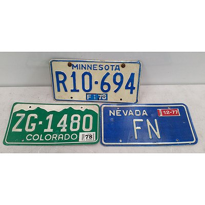 Lot of 3 American Number Plates Including; Nevada, Colorado and Minnesota