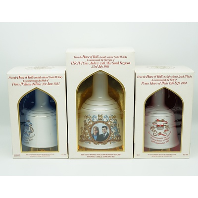Three House of Bells Royals Commemorative Scotch Whiskey Bottles