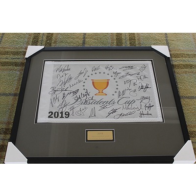 President's Cup Flag signed (by all the players) from the 2019 Presidents Cup - both teams
