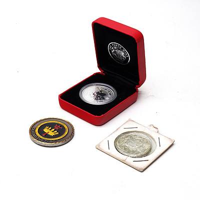 2003 1/2 Oz 0.999 Silver Coins, Australian 1966 50 Cent Coin and a HMAS Ballarat Medallion